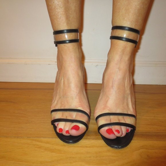 LAST CHANCE TIBI Low Heel Black and Clear Ankle Strap Heels - Picture 2 of 9